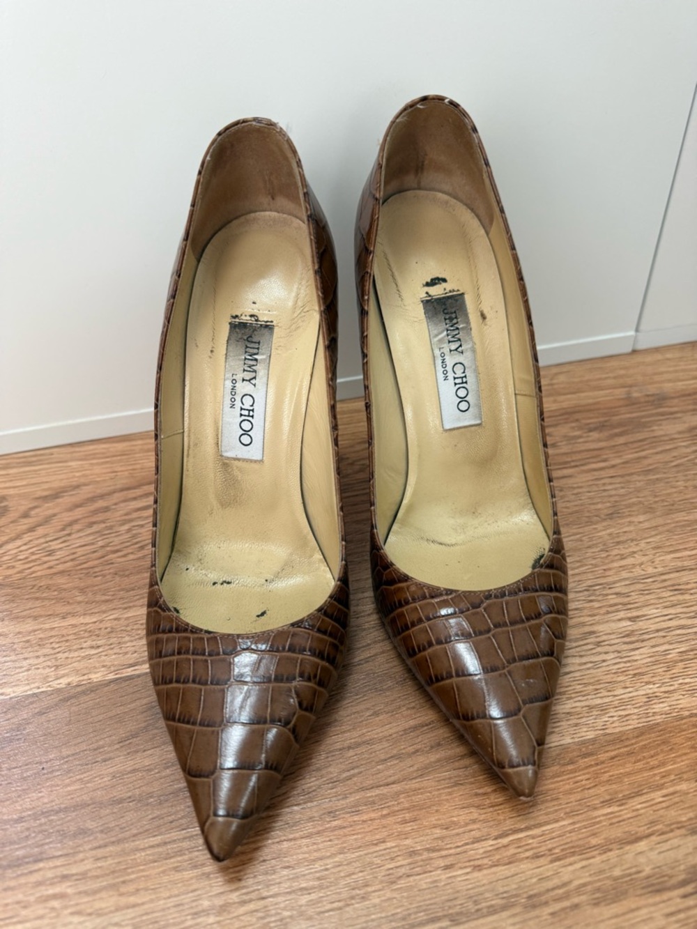 Jimmy Choo Tan Croc-Embossed Pointed Toe Stiletto Pumps